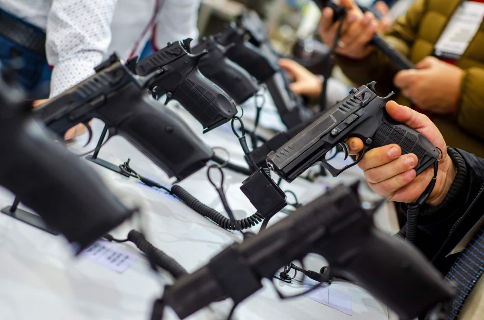 handguns in gun display in store